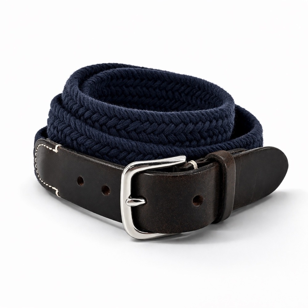 J.Crew Men's Navy Braided Cotton & Leather Belt Size 40 Excellent Condition